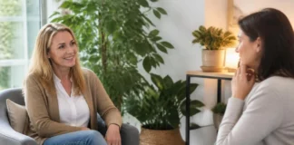 Coach życiowy (life coach) – kim jest, czym się zajmuje i jak wybrać dobrego? Sesja life coachingu w jasnym gabinecie – dwie kobiety rozmawiają przy herbacie