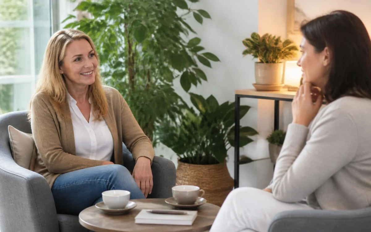 Coach życiowy (life coach) – kim jest i jak wybrać Sesja life coachingu w jasnym gabinecie – dwie kobiety rozmawiają przy herbacie