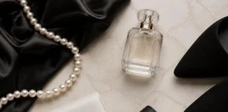 Cytaty Coco Chanel – poznaj słowa ikony mody Elegancka kompozycja: perły, flakon perfum, czarny jedwab