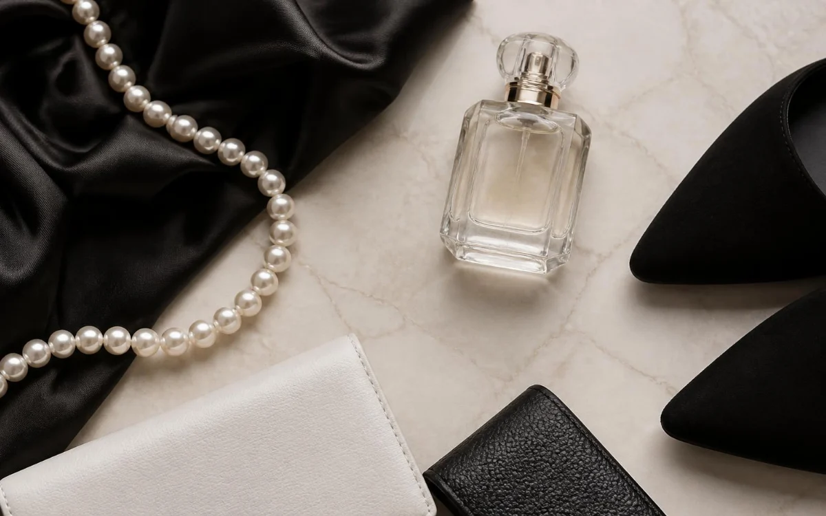 Elegancka kompozycja: perły, flakon perfum, czarny jedwab Elegancka kompozycja: perły, flakon perfum, czarny jedwab