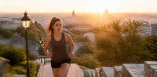 Najlepsze cytaty motywacyjne Kobieta wbiega po schodach w parku o wschodzie słońca