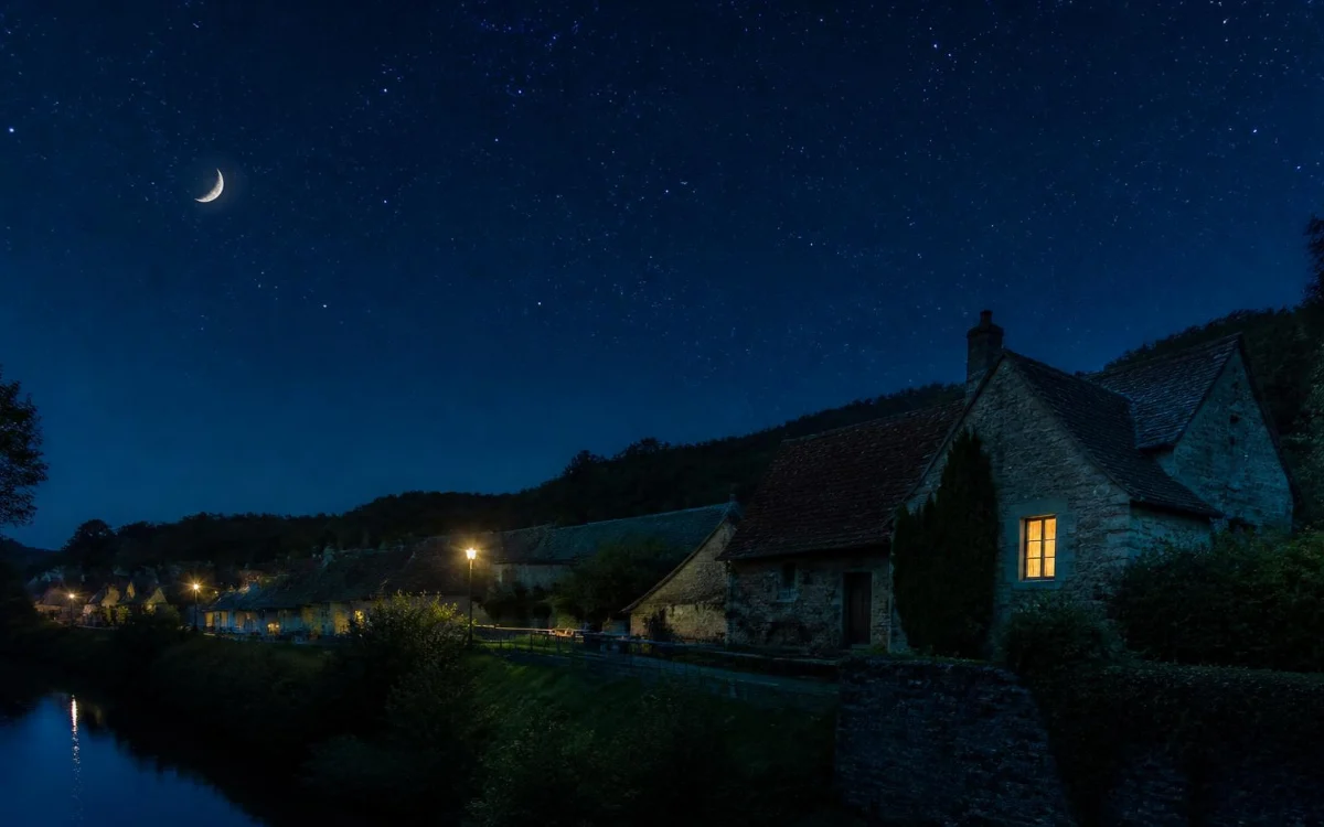 Wieś nocą pod rozgwieżdżonym niebem Wieś nocą pod rozgwieżdżonym niebem