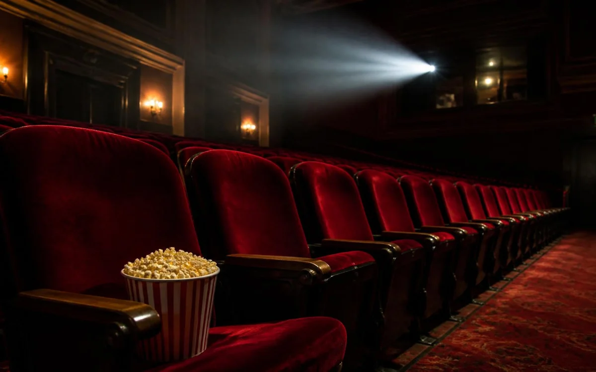 Pusta sala kinowa z popcornem Pusta sala kinowa z popcornem