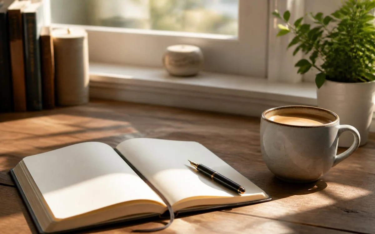 Otwarty notes z piórem i kawą przy oknie Otwarty notes z piórem i kawą przy oknie